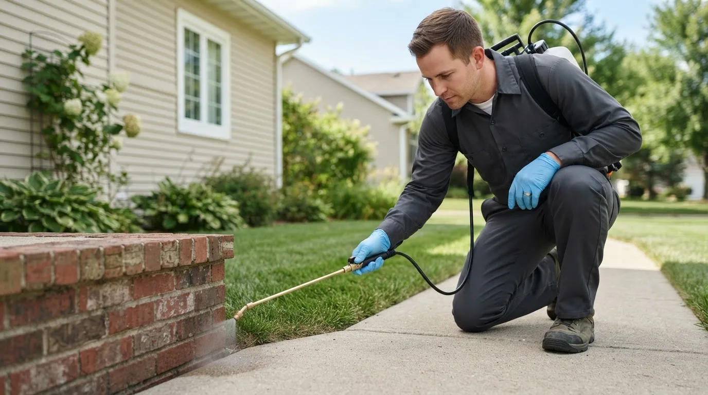Pest control technician treating a home near Van Buren, ME