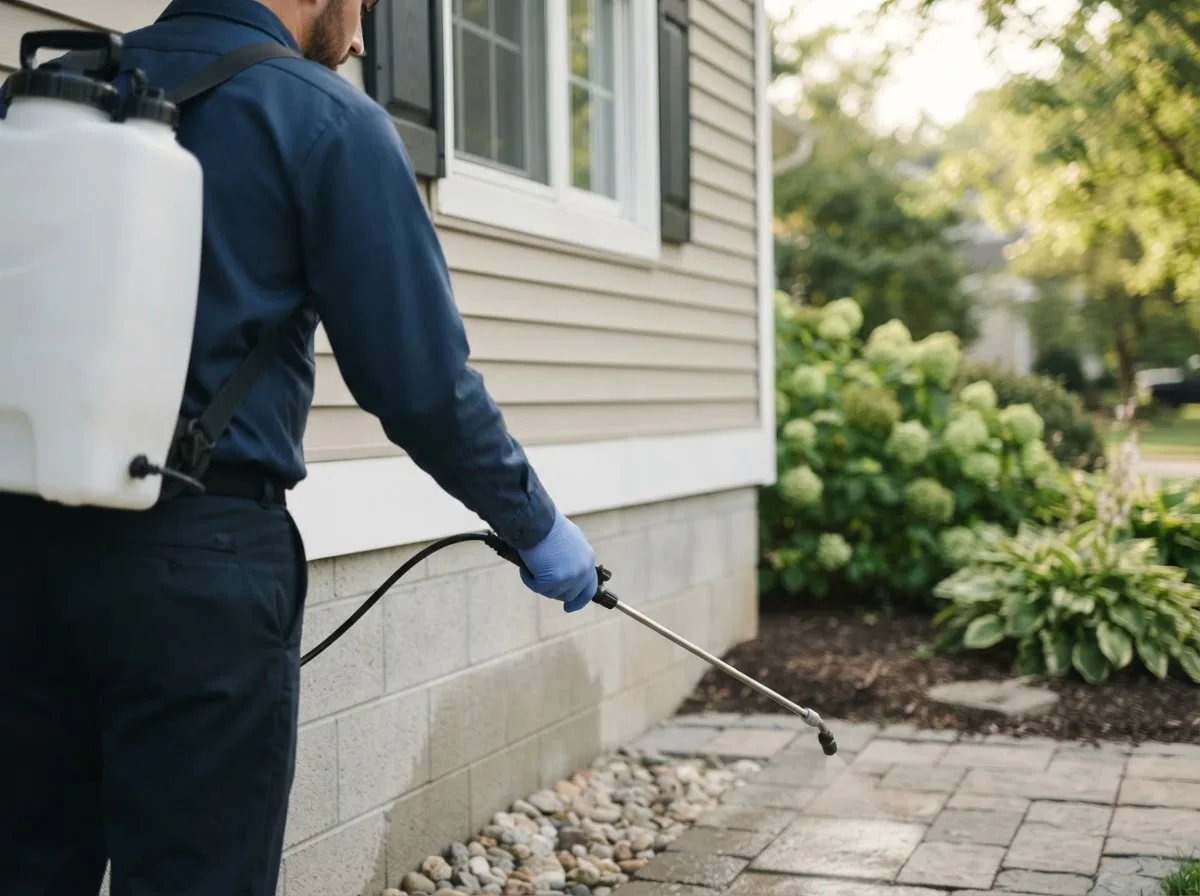 Pest control technician inspecting a home in Van Buren, ME